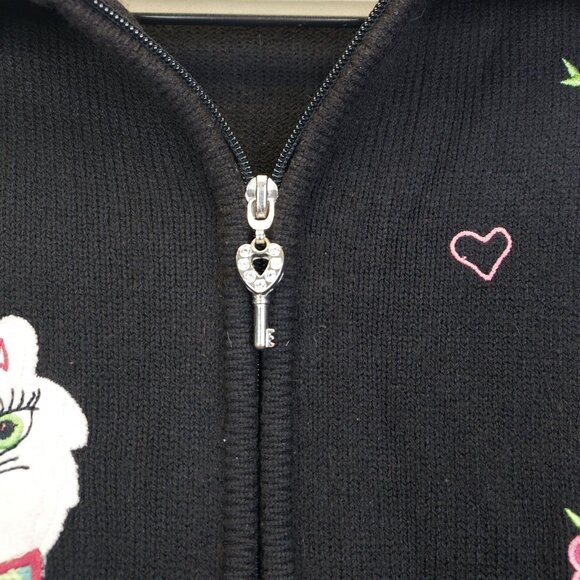 Alia Cat Cardigan Sweater Women's Petite L Black Full Zip Applique Embroidery - Picture 2 of 12